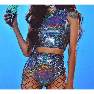 New Holographic Two Piece Lace Up Festival Set